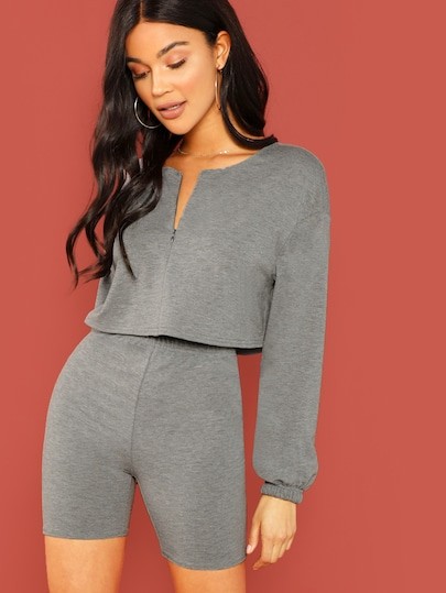 V Cut Neck Crop Top and Leggings Shorts Set | SHEIN