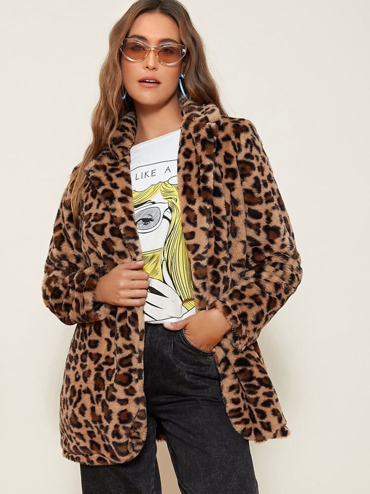 SHEIN Open Front Leopard Faux Fur Coat | SHEIN