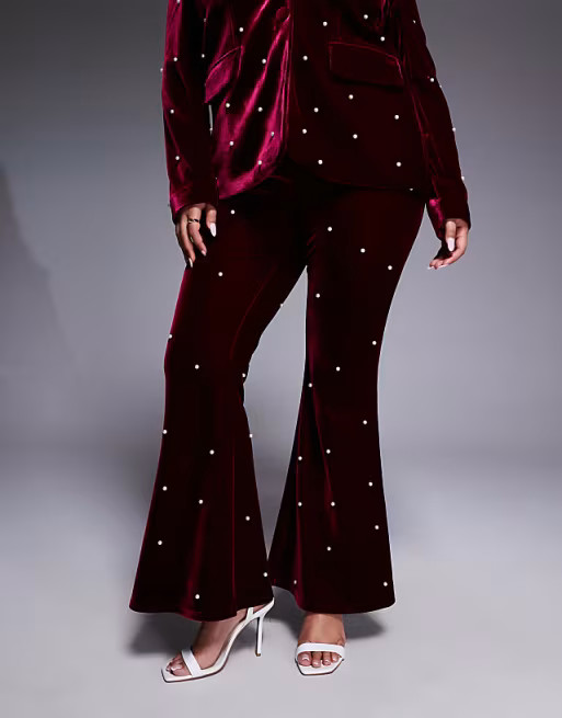 ASOS LUXE Curve tailored pants with pearl embellishment in burgundy - part of a set | ASOS (Global)