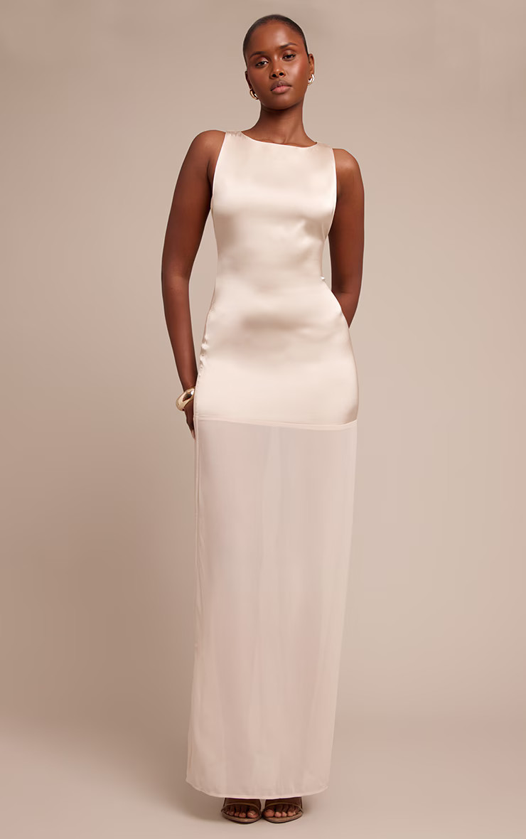 Stone Satin Boat Neck Chiffon Detail Maxi Dress | Dresses | PrettyLittleThing US