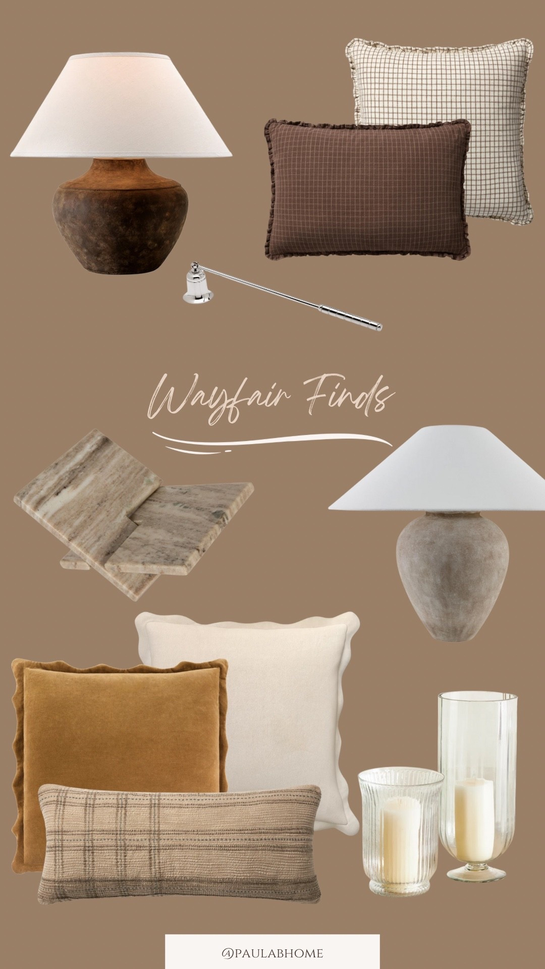 Wayfair finds lately. Some of my favorite home decor pieces from Wayfair. A mix of splurge and affordable items. Loving these brown tones pillow covers, candle holders and snuffer. Earthy organic lamps and book holder are perfect to style a console table. 

#wayfairpartner #wayfair #ad  @wayfair 