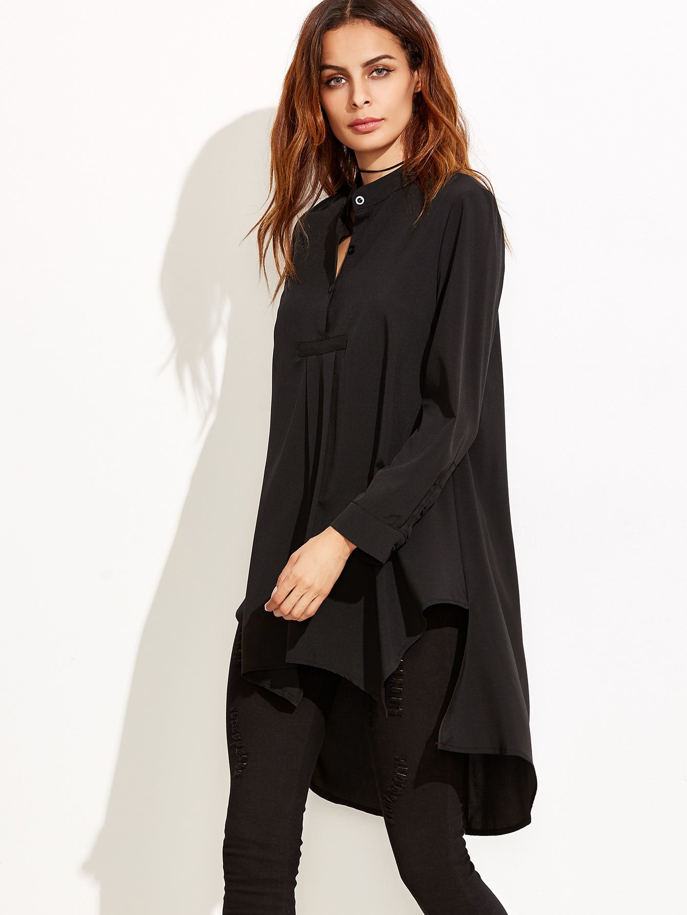 Stand Collar High Low Peasant Blouse | SHEIN