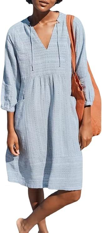 Akivide Womens Summer V Neck Linen Dress Loose Half Sleeve Solid Linen Dress | Amazon (US)