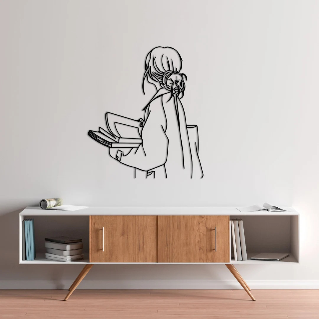 Girl in the Library Metal Wall Art, Minimalist Line Art, Metal Wall Decor, Metal Wall Art, Wall H... | Etsy (US)
