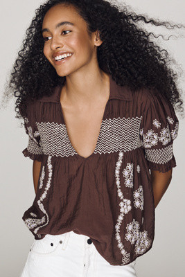 Short-Sleeve Embroidered Swing Top | Anthropologie (US)
