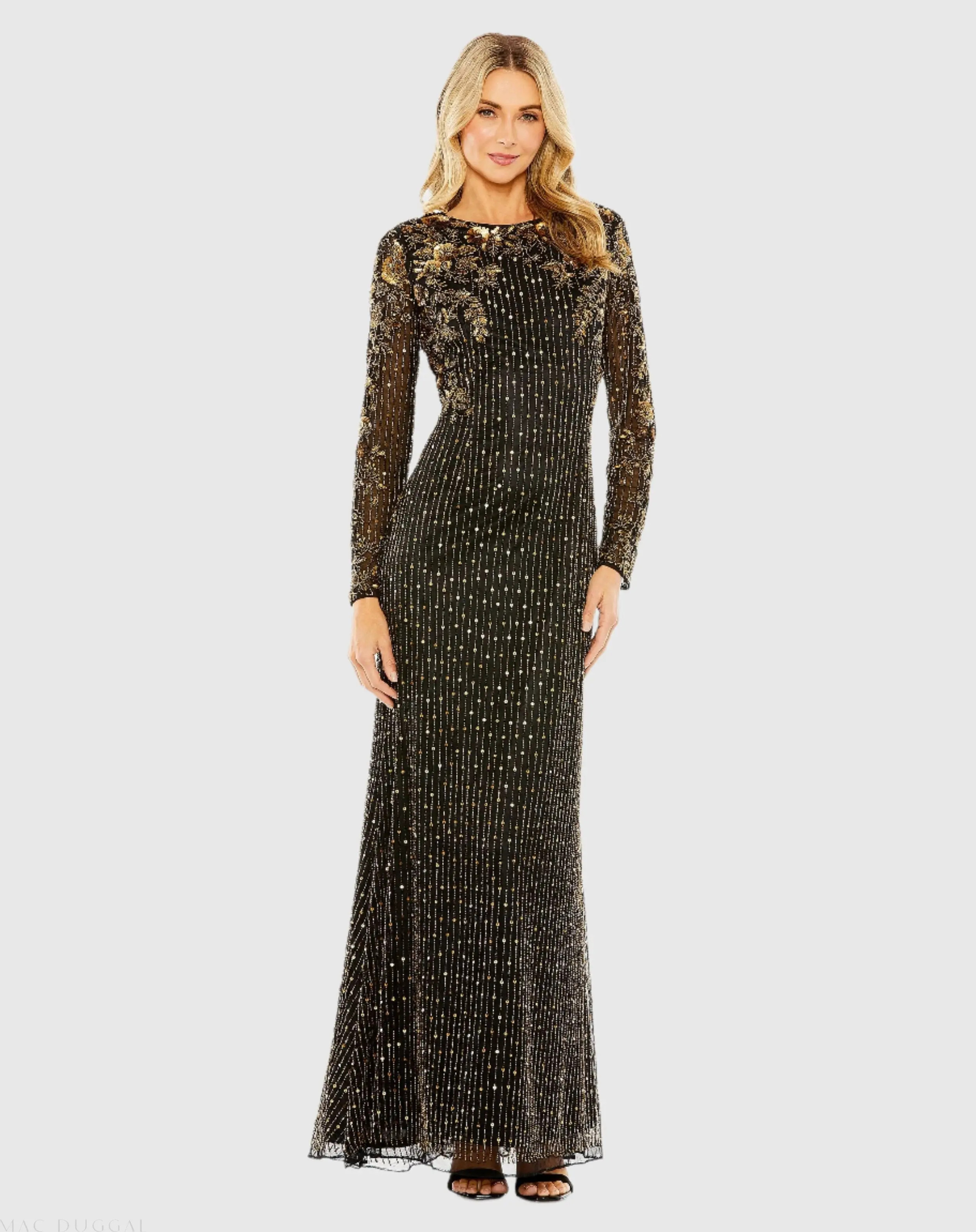 Mac Duggal - Black High Neck Long Sleeve Embellished Gown - Black Gold / US 4 | Mac Duggal