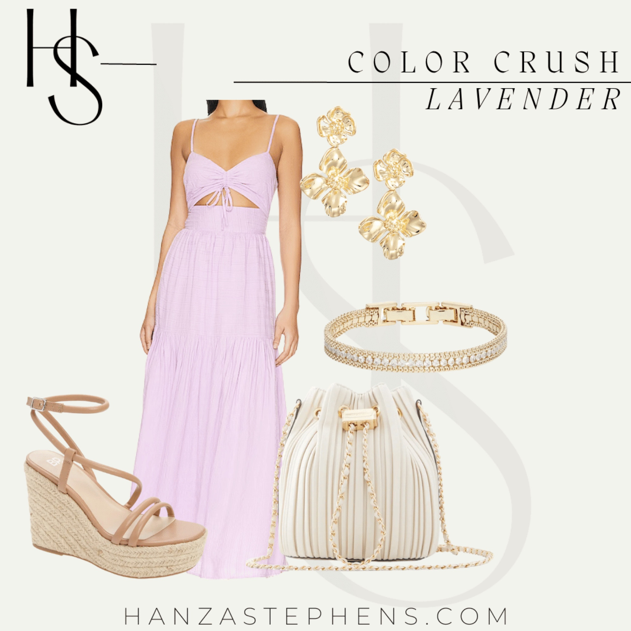 Lavender maxi dress with midriff cutout and some stunning gold affordable accessories. These brown wedges are under $50!

#LTKunder50 #LTKshoecrush