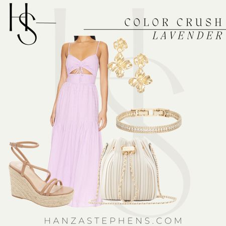 Lavender maxi dress with midriff cutout and some stunning gold affordable accessories. These brown wedges are under $50!

#LTKunder50 #LTKshoecrush