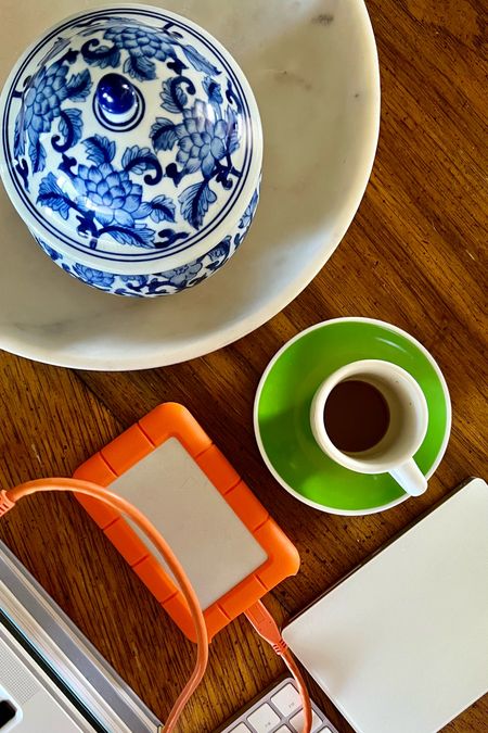 Colorful desk setup, including my fave blue and white vase, espresso cup, and hard drive 🌈 

#LTKStyleTip #LTKFindsUnder100 #LTKHome