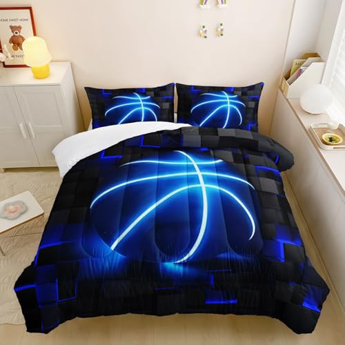 lneffble 3Pcs Football Comforter Set Twin Size for Teen Boys Girls,Soccer Quilt Set,Blue Black Honeycomb Comforter Set, 3D Geometric Grid Theme Ball Sport Bedding Set | Amazon (US)