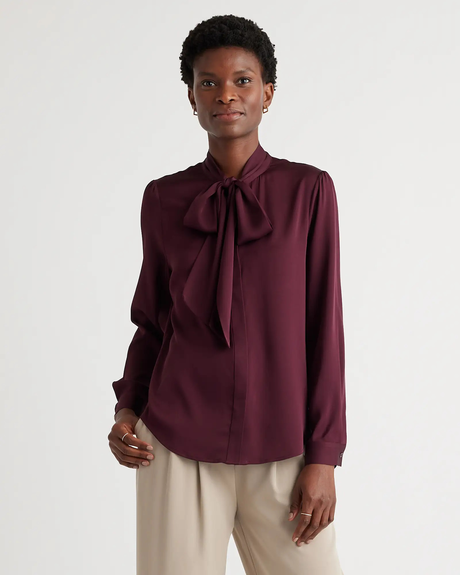 Washable Stretch Silk Tie Neck Blouse  in Wine Tasting Red | Quince