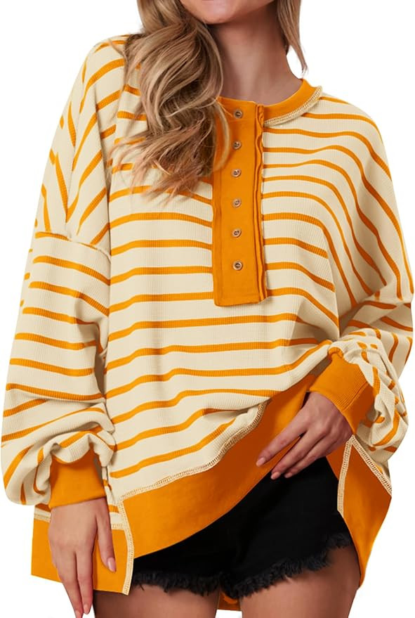 Womens Fall 2026 Striped Oversized Sweatshirt Long Sleeve Button Up Henley Neck Waffle Knit Pullo... | Amazon (US)