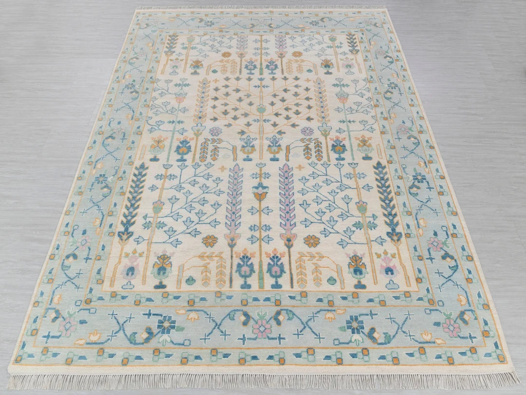 Cream Blue Garden Pine Tree of Life Rug Modern Oushak Rug - Etsy | Etsy (US)