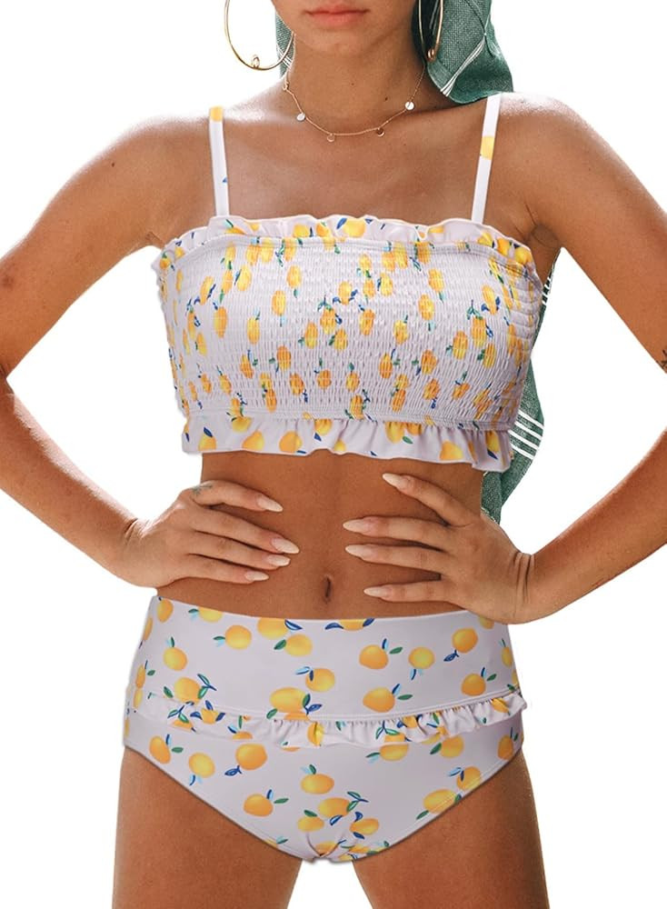 Dokotoo Women Cute High Waist Strapless Smocked Bikini Sets Swimsuit Bathing Suit | Amazon (US)