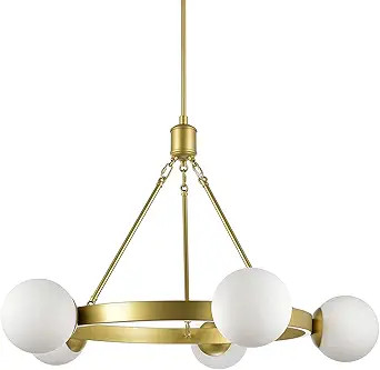 Linea di Liara Caserti Gold Mid Century Modern Chandelier Light Fixture 5-Light Frosted Glass Glo... | Amazon (US)