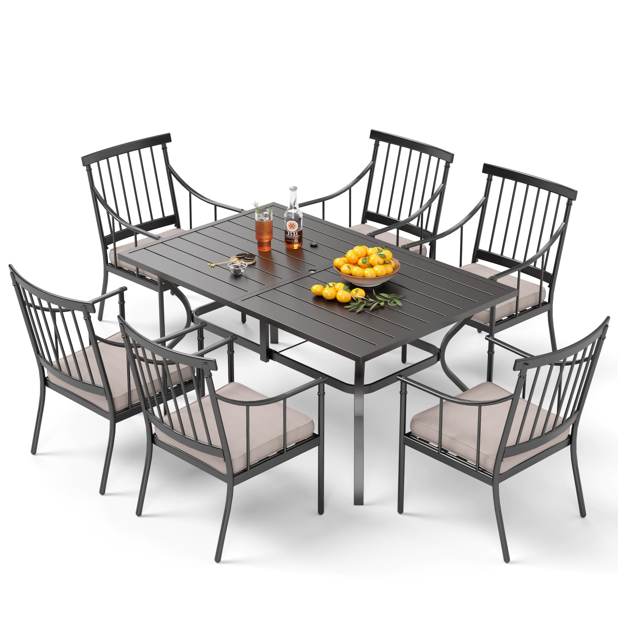 PHI VILLA 7 Piece Outdoor Dining Set with Cushion, 60” Rectangular Metal Dining Table with Umbr... | Amazon (US)