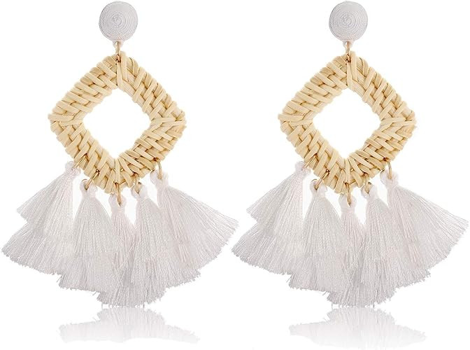 HSWE Statement Drop Earrings for Women Rattan Straw Tassel Earrings Fringe Dangle Earrings | Amazon (US)