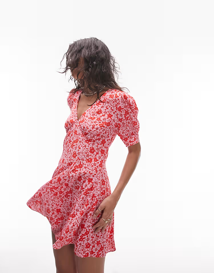 Mango cinched waist dusty floral short sleeve mini dress in blue | ASOS (Global)