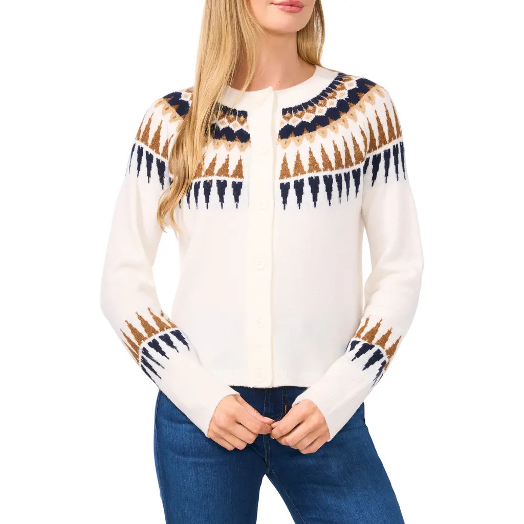 CeCe Fair Isle Cardigan in Antique White at Nordstrom, Size Medium | Nordstrom