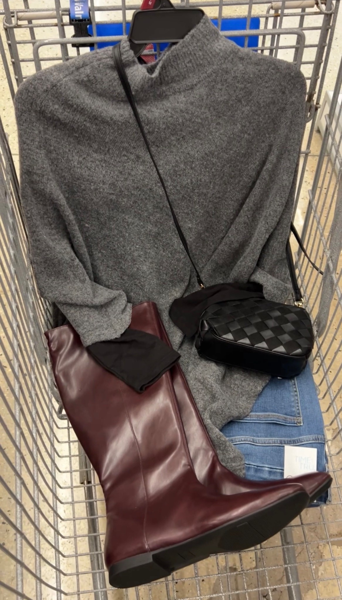 Walmart winter outfit idea with this $25 sweater knit poncho, high rise straight jeans and tall burgundy boots. Fit is true to size. I’m a medium in the tee. Small in jeggings. S/M in the poncho. #walmartfashion 

#LTKOver40 #LTKFindsUnder50 #LTKFindsUnder100