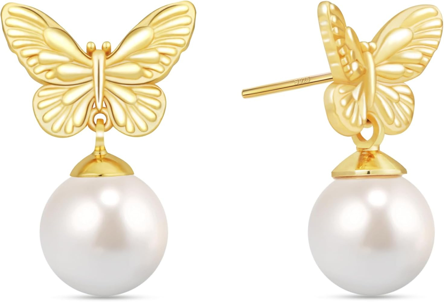 14K Gold Heart Stud Earrings with Glistening Cubic Zirconia - Butterfly Earrings for Women Pearl | Amazon (US)