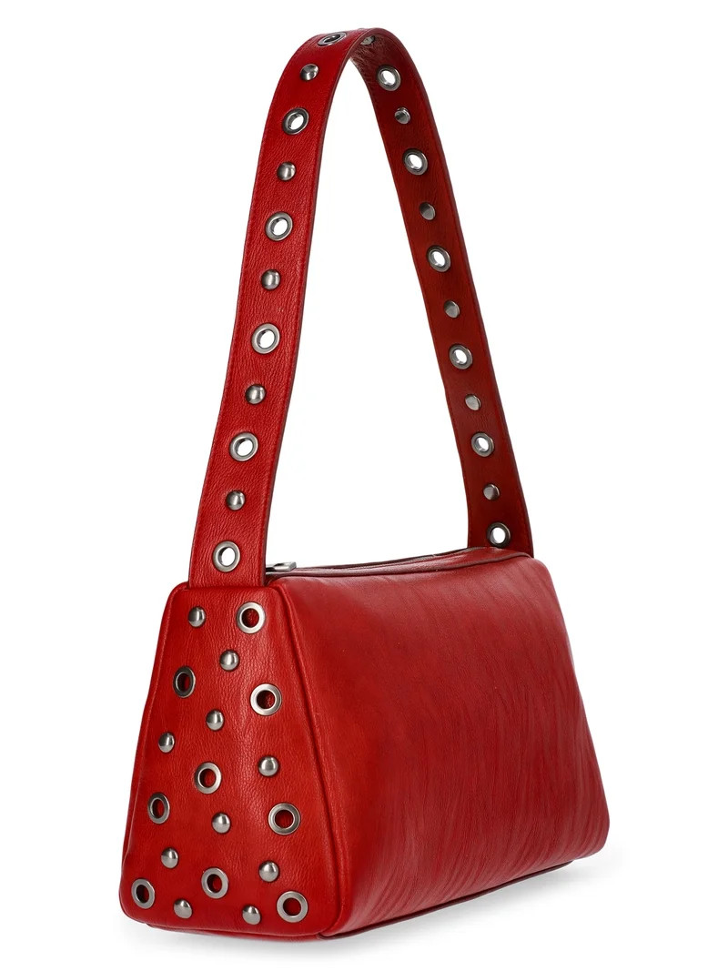 No Boundaries Women's Faux Leather Studded Moto Shoulder Bag, Carmine Red | Walmart (US)