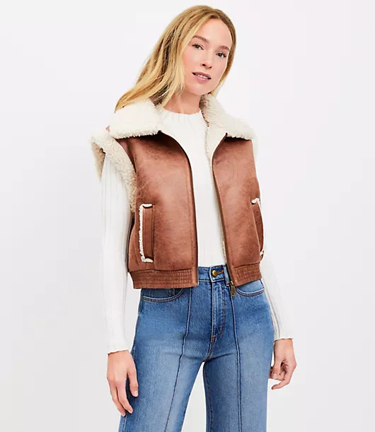 Loft Petite Crackle Faux Leather Shearling Pocket Vest | LOFT