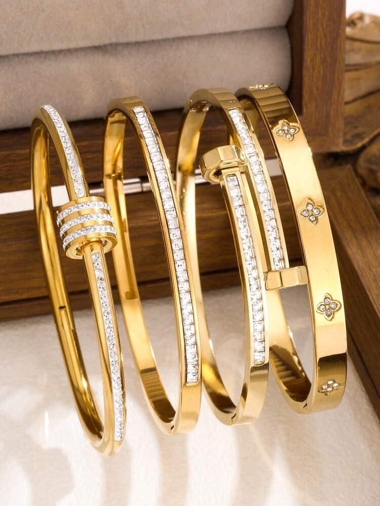 4/1pc Women Jewelry Set, 18K Gold Plated Zirconia Bracelet, Luxury Stacking Bracelets, Birthday/New Year/Valentine's Day Gift, Couple/Best Friend Accessories, Versatile & Elegant | SHEIN