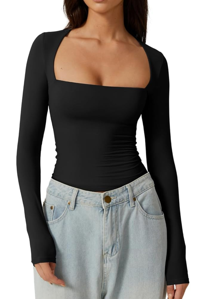 QINSEN Camisa sexy de cuello cuadrado para mujer, de manga larga, con doble forro, ajustada, para... | Amazon (US)