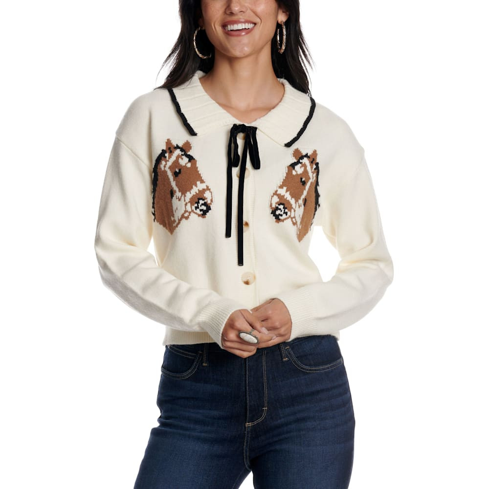 Blue B Women's Cream Horse Graphic Tie Cardigan | Cavender's