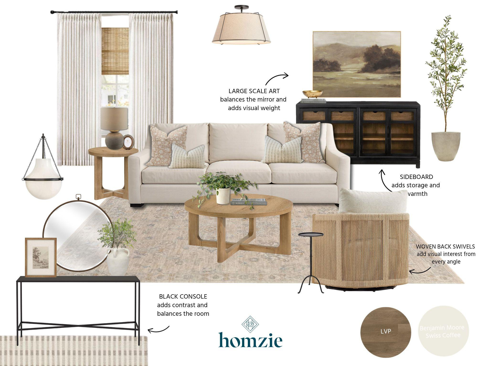 Designed with balance, contrast, and timeless style in mind. 🤍✨

This living room layers soft cream tones with black accents and light wood finishes to create a space that feels warm, refined, and inviting. Large-scale artwork adds visual weight to balance the mirror, while woven-back swivel chairs bring texture and beauty from every angle. A black sideboard offers both warmth and practical storage, and a black console table anchors the space with just the right amount of contrast. Natural wood tables and touches of greenery complete the look, adding an organic feel that keeps the room light and welcoming.

Every detail works together to create a living room that's as functional as it is beautiful.

#LTKHome #LivingRoomDesign #ModernTraditional #NeutralHome #InteriorDesign #HomeDecor #TimelessInteriors #LivingRoomInspo #OrganicModern #LTKCreator 

 