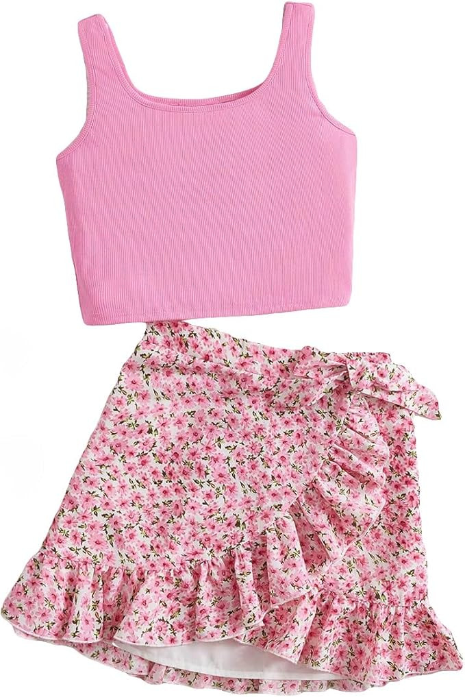 OYOANGLE Girl's 2 Pieces Outfits Rib Knit Sleeveless Tank Top and Ditsy Floral Print Ruffle Trim ... | Amazon (US)
