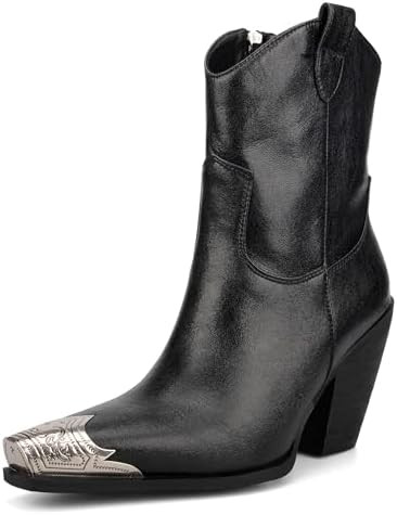 Cowboy Ankle Boots for Women Engraved Steel Toe Cowgirl Boots Stacked Block Heels Short Cowboy Bo... | Amazon (US)