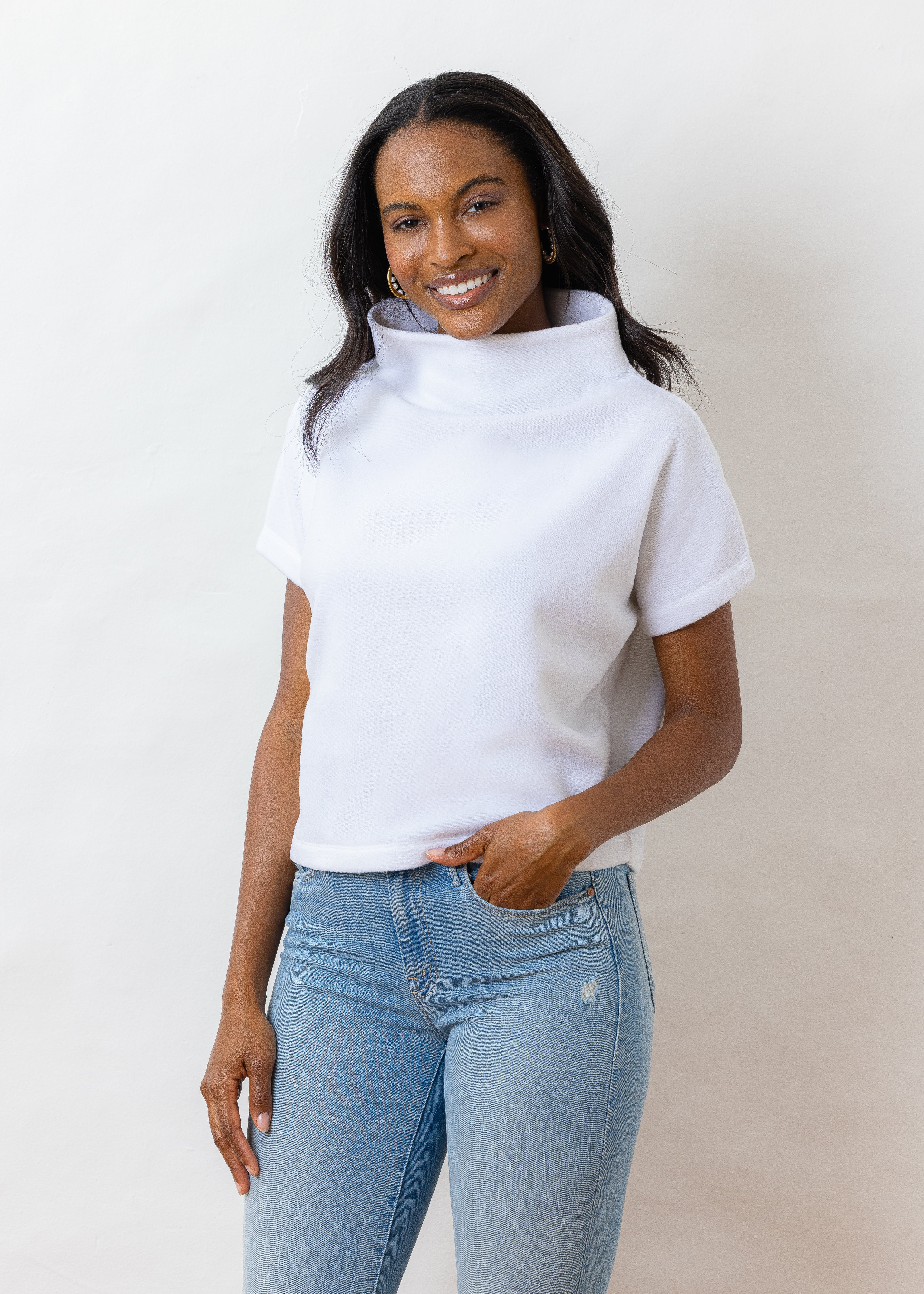 Marks Street Mock Neck in Vello Fleece (White) | Dudley Stephens