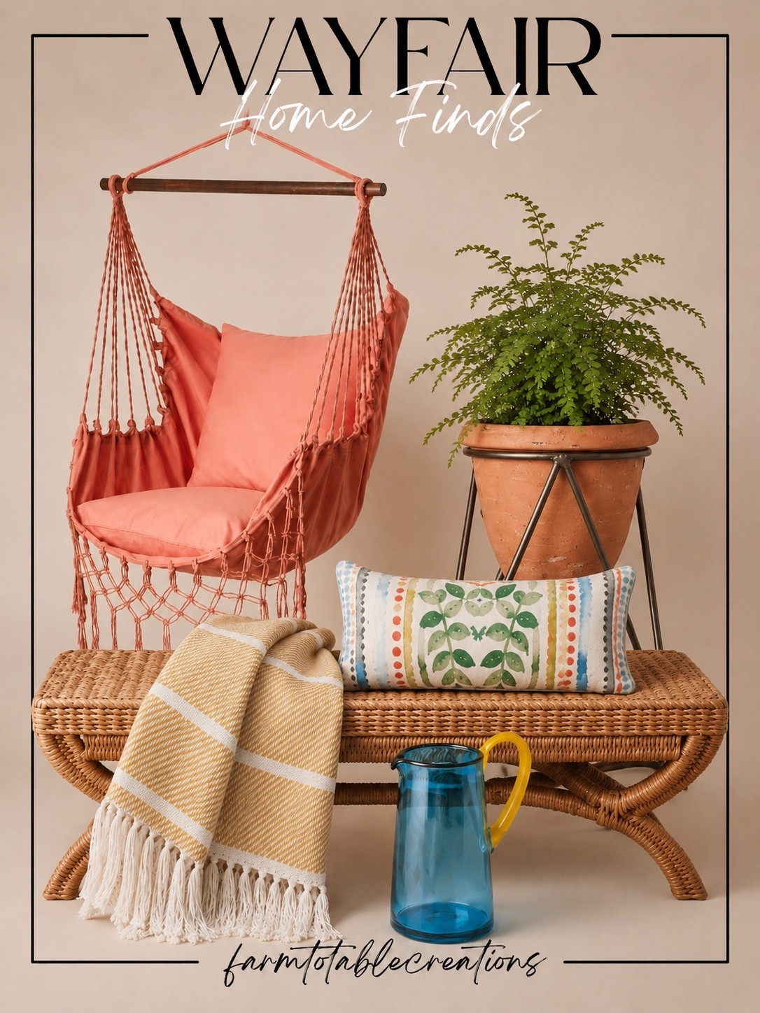 Coastal Color Meets Summer Comfort 🌿☀️

If you’re looking to add a fun pop of color to your porch, patio, or sunroom, these Wayfair finds are the perfect place to start! The coral hanging chair creates an inviting spot to unwind, while the woven bench, vibrant blue pitcher, and cheerful patterned pillow bring a fresh, collected feel that’s perfect for summer entertaining.

Layer in natural textures, warm wicker, and lush greenery for a relaxed retreat that feels both elevated and effortless.

Follow @farmtotablecreations on Instagram for more cozy, elevated home finds and trending decor. 🤍

#LTKHome #WayfairFinds #SummerDecor #PatioDecor #PorchDecor #OutdoorLiving #CoastalStyle #ColorfulHome #HangingChair #SunroomStyle #WickerFurniture #HomeInspiration #OutdoorDecor #GardenStyle #FrontPorchGoals #CozyHome #SeasonalDecor #HomeFinds #LTKStyle #FarmToTableCreations

#LTKHome #LTKSaleAlert #LTKSeasonal