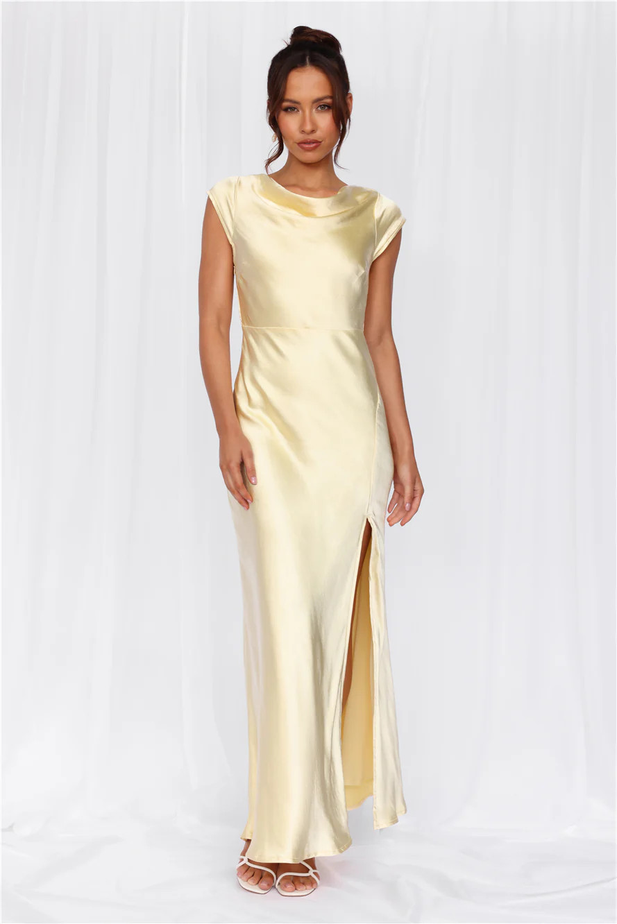 The Valentina Cap Sleeve Satin Maxi Dress Yellow | Hello Molly (AU)
