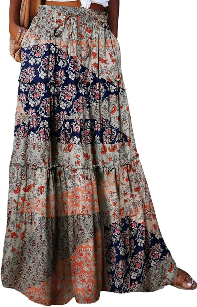 Happy Sailed Womens Floral Print Boho Maxi Skirt Elastic High Waist Pleated Ruffle Flowy Long Ski... | Amazon (US)