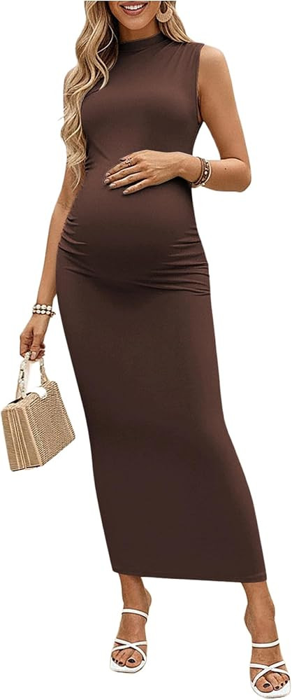 OYOANGLE Women's Maternity Mock Neck Sleeveless Ruched Dress Pregnancy Bodycon Maxi Tank Dresses ... | Amazon (US)