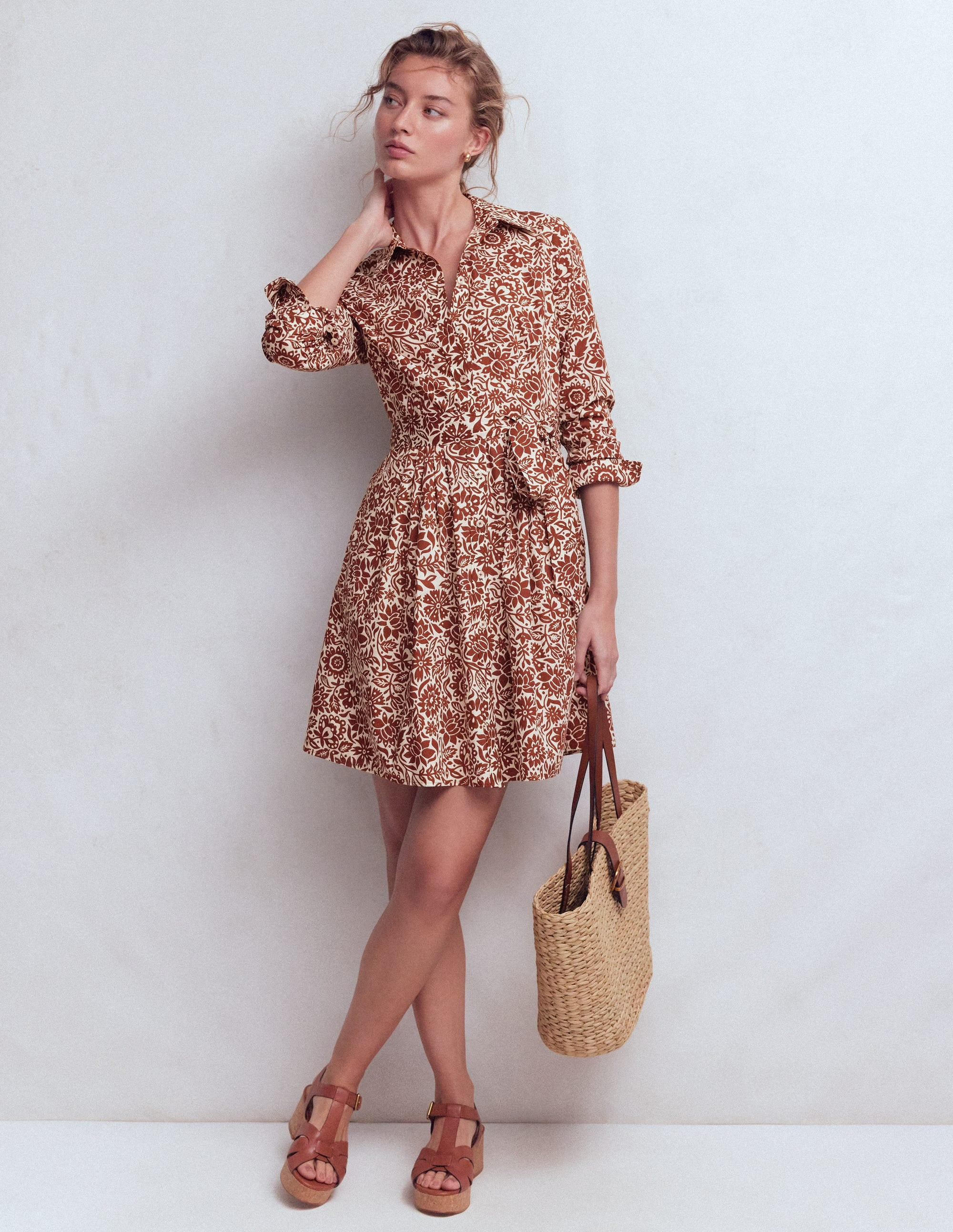 Alexa Long Sleeve Short Dress-Brown, Meadow Scatter | Boden (US)