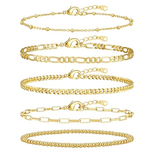 adoyi Gold Bracelets for Women, 14K Gold Plated Stackable Bracelet Stack Set Adjustable Charm Paperclip Chain Cuban Link Layered Waterproof Jewelry Sets Gifts for Womens 6.0 Inch | Amazon (US)