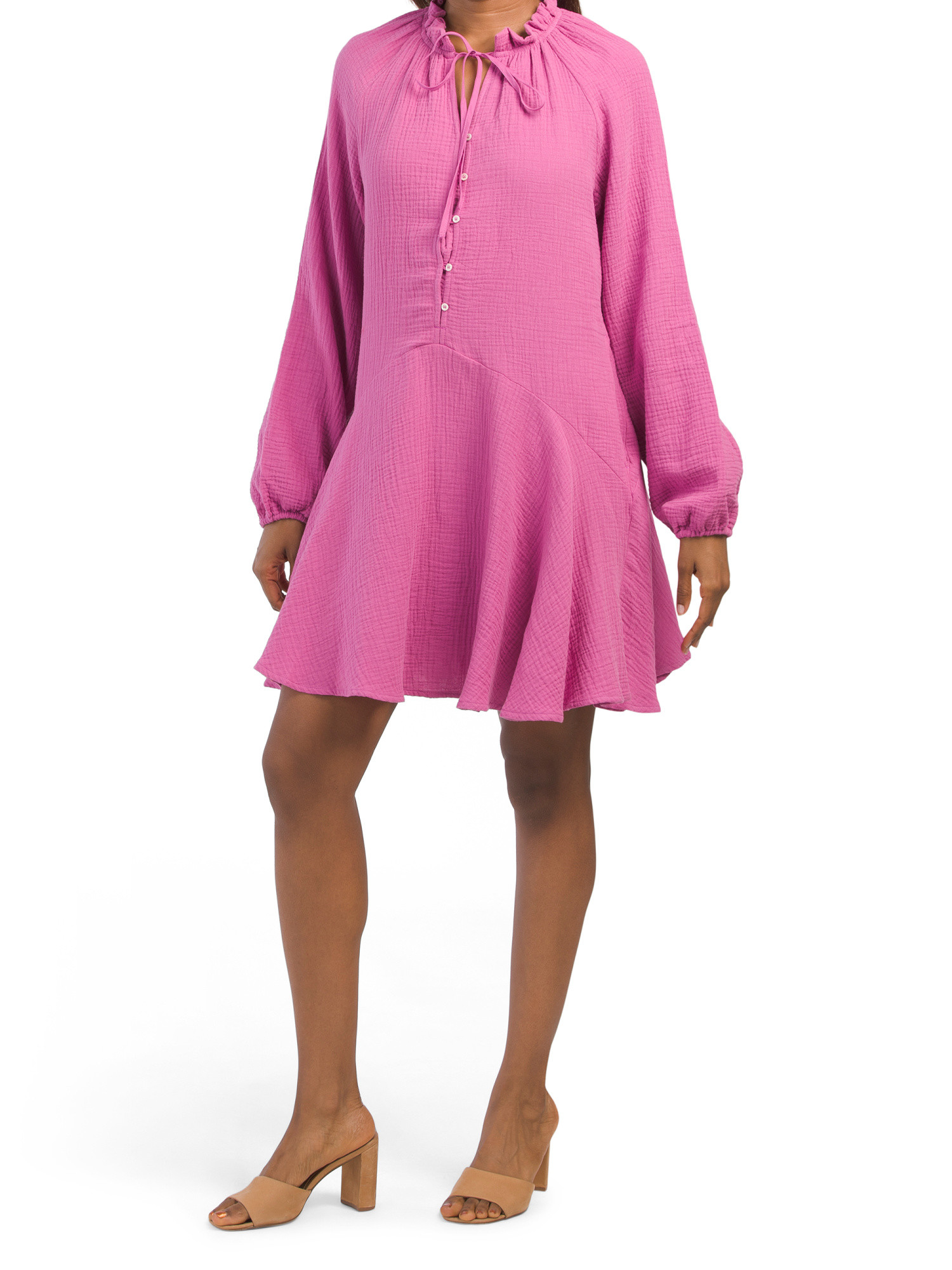 Long Raglan Sleeve Tie Neck Button Front Flared Mini Dress | Casual Dresses  | Marshalls | Marshalls