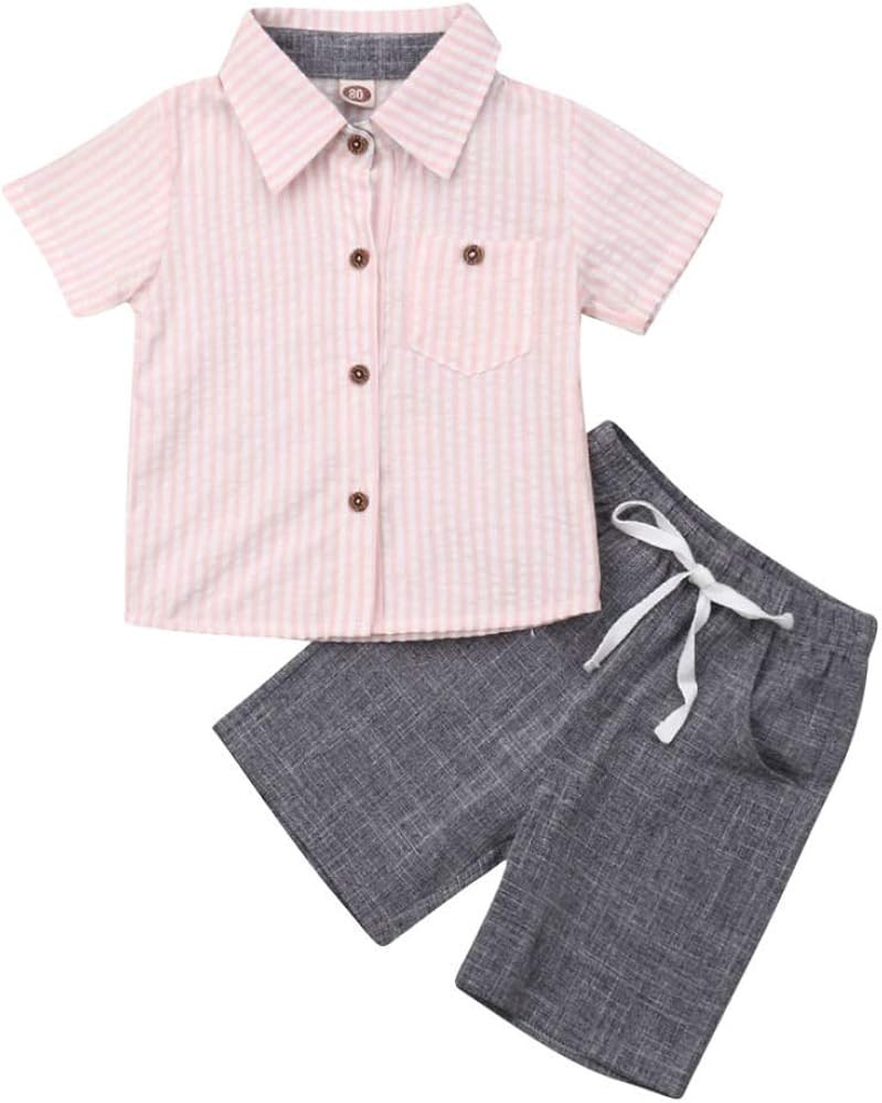 VISGOGO Toddler Baby Boy Flamingo Short Sleeve Button Down Shirt & Casual Shorts Set Summer Outfi... | Amazon (US)