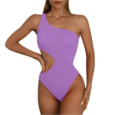 Lilgiuy Swimsuit One Shoulder Bikini Solid Hollowed Out Swimsuit Purple 10 | Walmart (US)