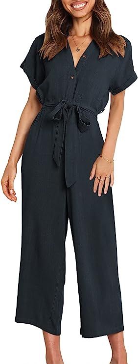 ANRABESS Women's Short Sleeve V Neck Buttons Waist Belt Straight Wide Leg Cropped Jumpsuits Rompe... | Amazon (US)