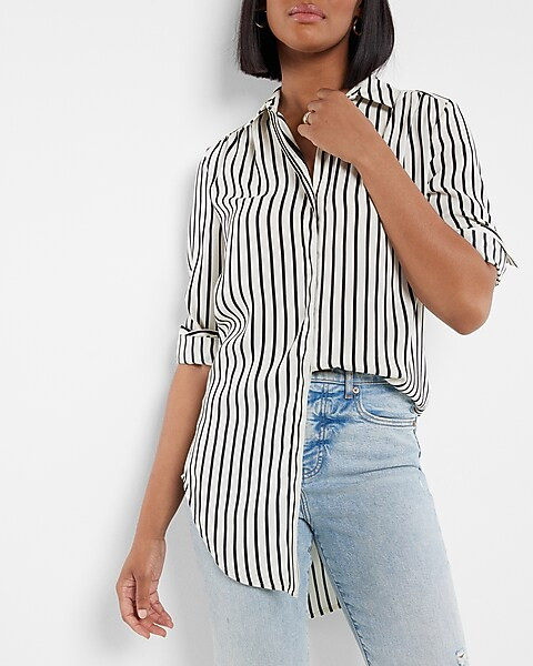 Tunic Pleated Shoulder Striped Button Up Shirt | Express
