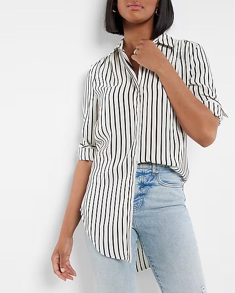 Tunic Pleated Shoulder Striped Button Up Shirt | Express