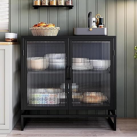 LEVNARY Black Fluted Cabinet, Accent Buffet Storage Cabinet with 2 Doors and Metal Legs, Modern S... | Amazon (US)