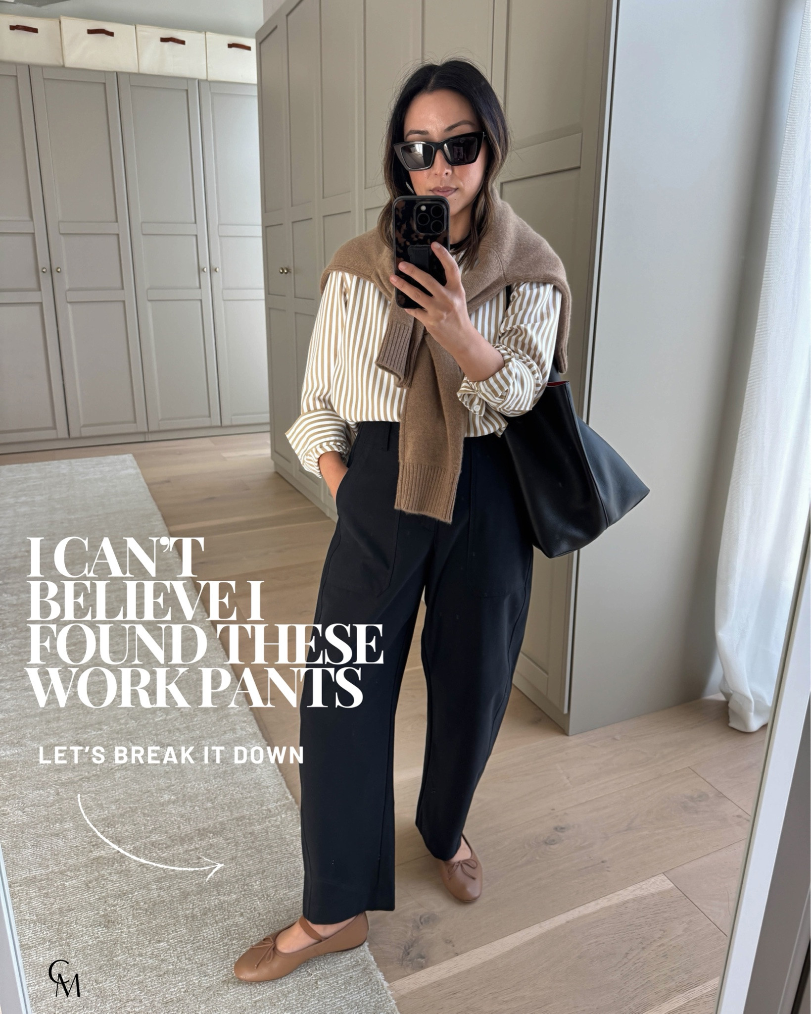 I found some really good work pants! Great shape, comfortable, and petite-friendly.

Reformation button down xs - old, linked similar
Quince sweater xs 
Athleta Skyline barrels 2 petite 
Loeffler Randall flats 5 
Mansur Gavriel tote
YSL sunglasses