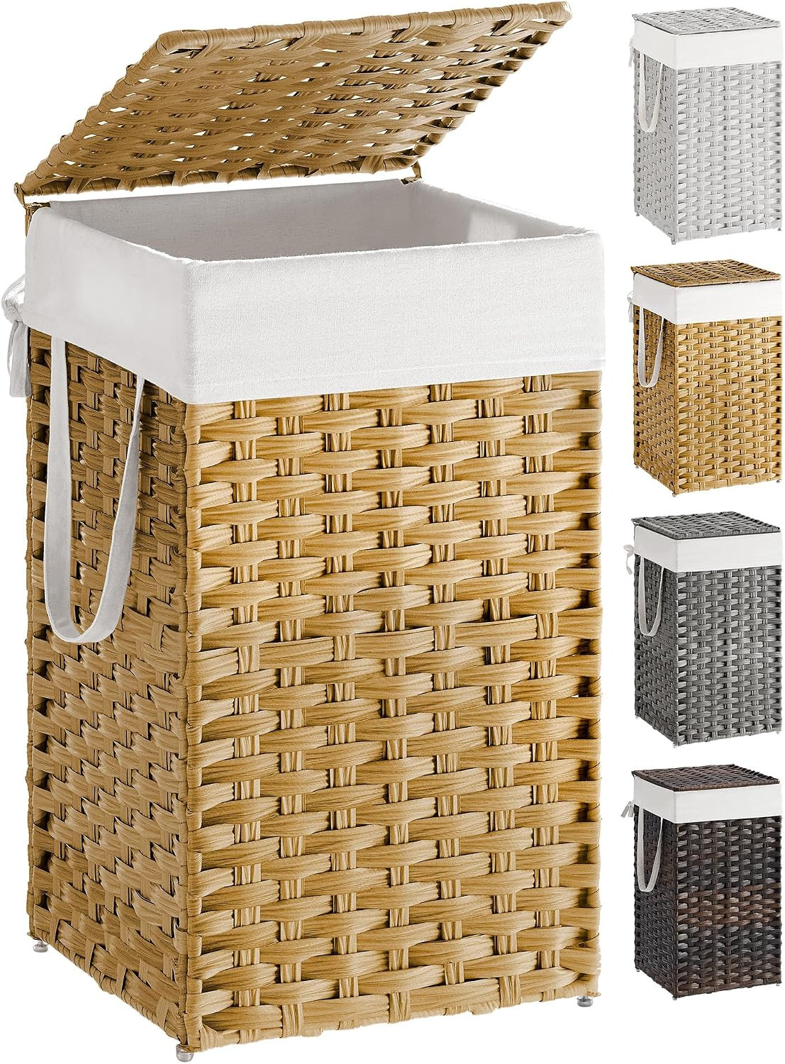SONGMICS Laundry Hamper with Lid, 17.2 Gallon (65 L) Synthetic Rattan Clothes Laundry Basket with Lid and Handles, Foldable, Removable Liner, Goose Yellow ULCB165N01 | Amazon (US)