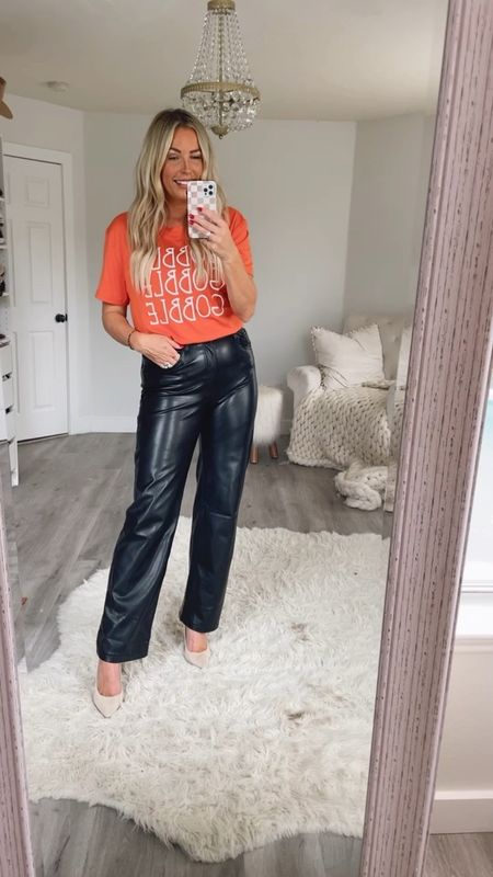 Sized up 2 sizes to CL in the thanksgiving tee.
Sized up 1 size to 30 in faux leather pants.
Friendsgiving outfit. Fall outfit. Thanksgiving outfit 

#LTKSeasonal #LTKHoliday #LTKCyberweek